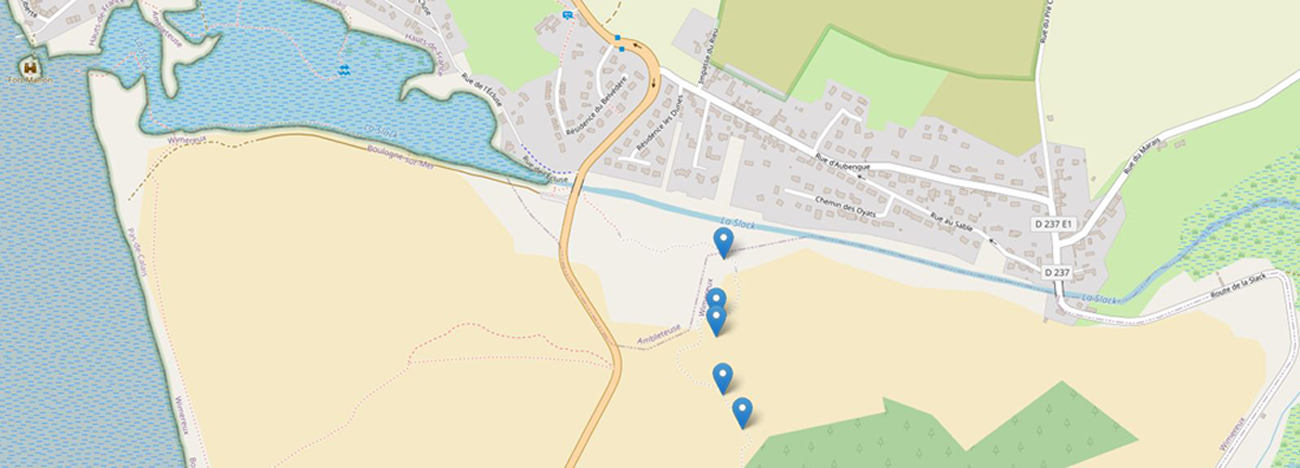 Carte localisant les points remarquables du trajet dans les dunes d'Ambleteuse